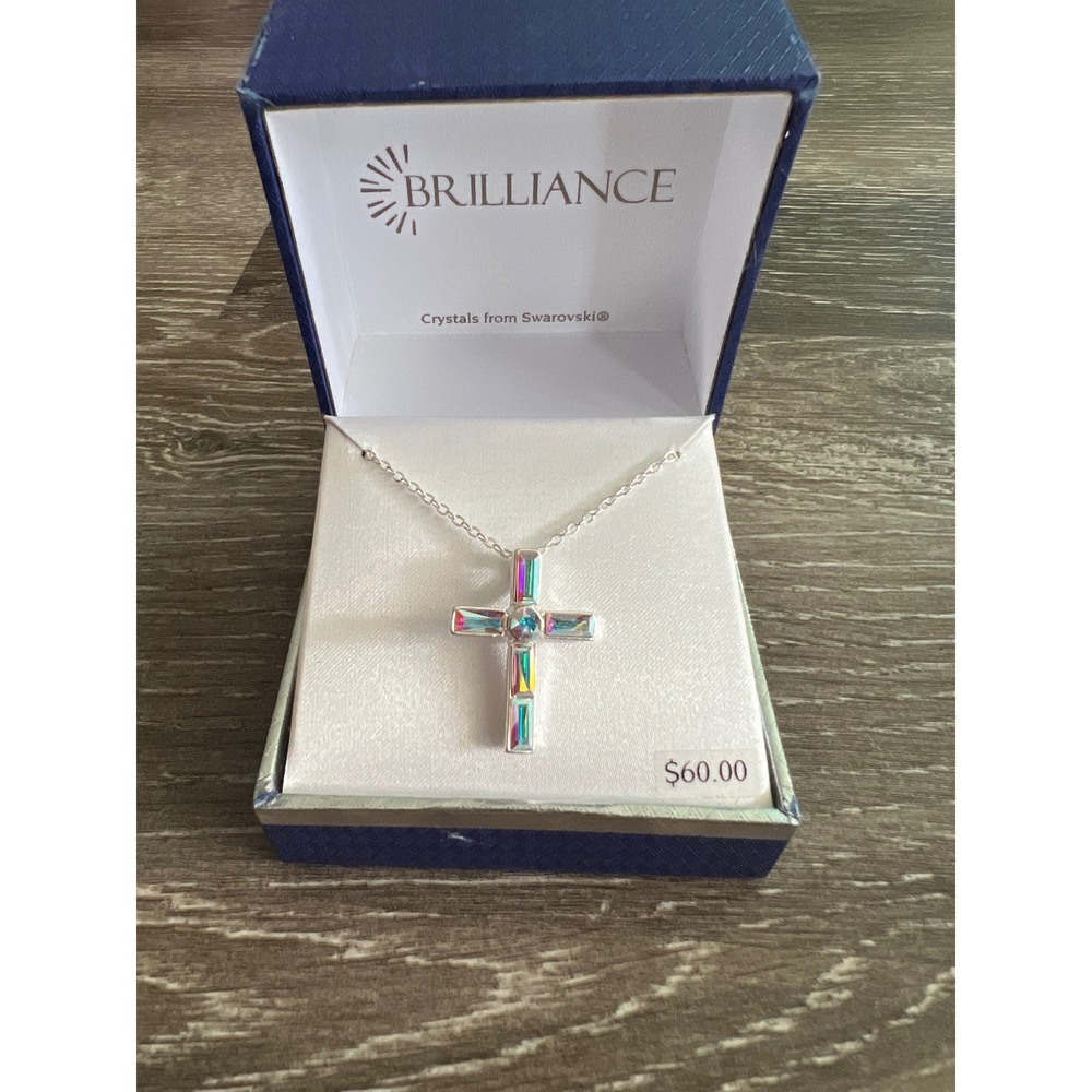 NEW Brilliance Cross Necklace Women OS Silver Rainbow Swarovski Crystal Baguette